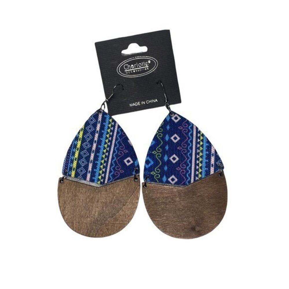 NWT Wooden Fabric Covered Boho Aztec Dangle Earrings Blue Colorful